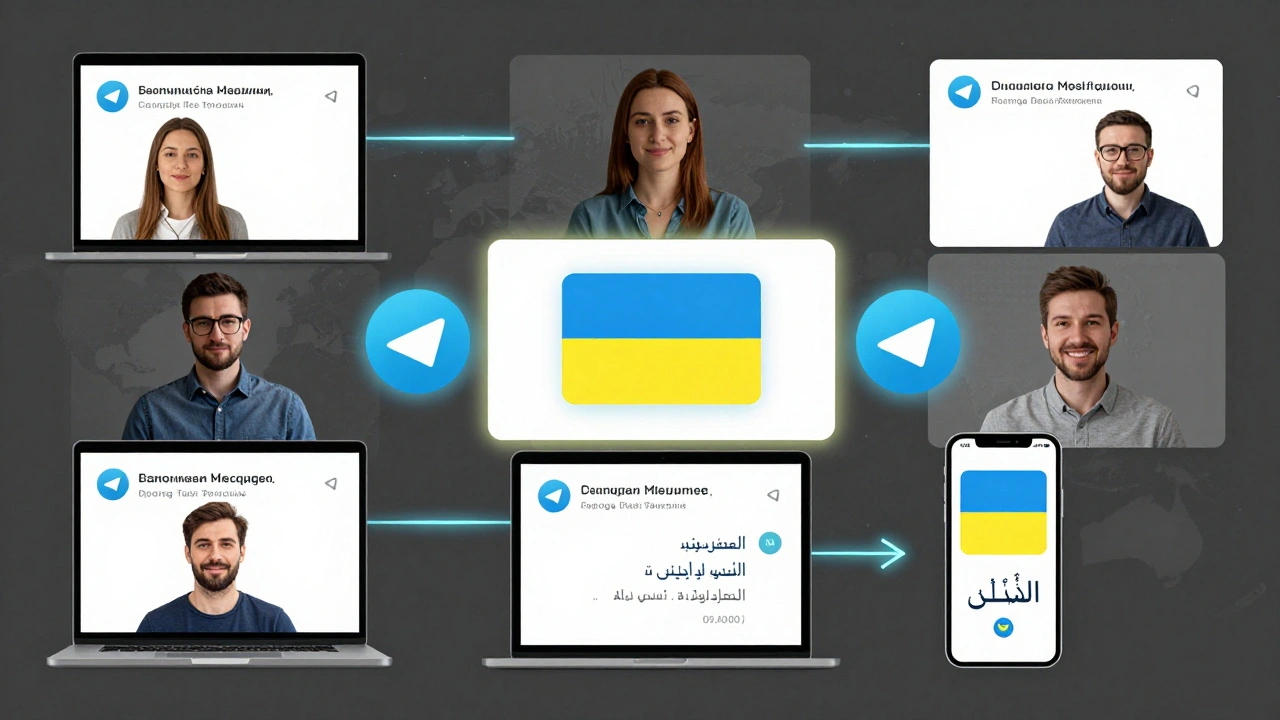 Множество устройств с переводимыми сообщениями на разных языках в одном групповом чате Telegram.