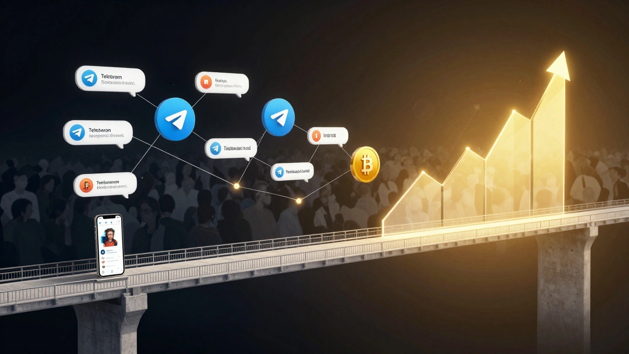 Мост из сообщений Telegram, соединяющий маленький канал с ростом дохода, над ним — иконки партнерских продуктов.