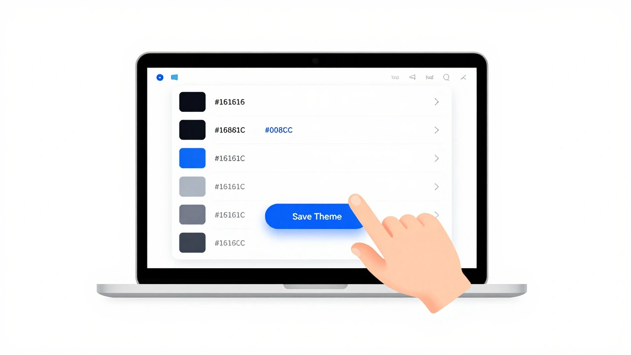 На экране ноутбука открыты настройки темы Telegram с цветовыми палитрами и кнопкой сохранения.
