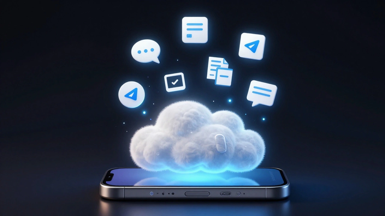 Облако с файлами, сообщениями и каналами над смартфоном, символизирующее облачное хранение Telegram.