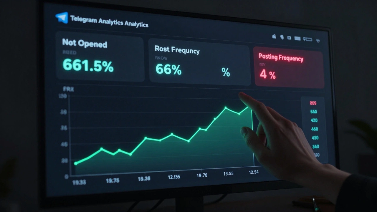 Панель аналитики Telegram с падающим уровнем вовлеченности и настройкой частоты публикаций.