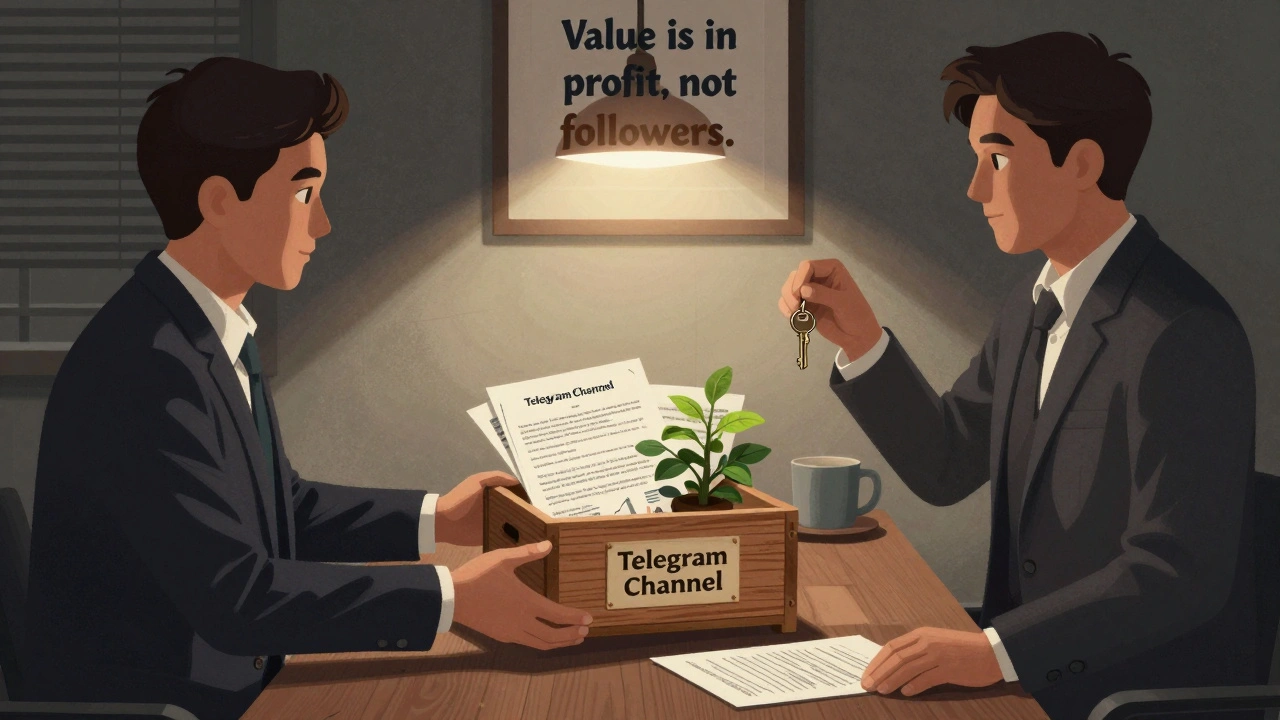 Передача канала Telegram: документы, аналитика и растение в коробке, символизирующие устойчивый бизнес.