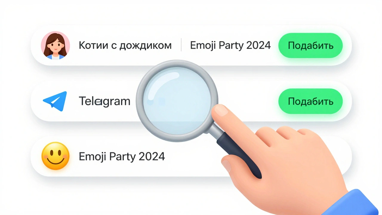 Поиск стикеров в Telegram по названию, появляются варианты для добавления.