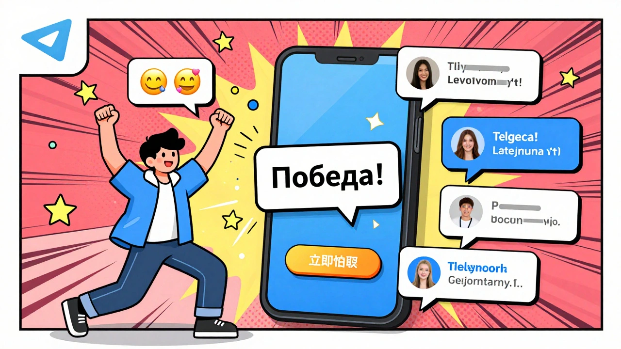 Пользователь празднует победу в игре Telegram с взрывом звёзд и приглашениями друзей