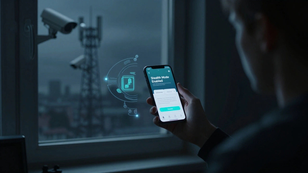 Пользователь в России с включённым режимом обхода блокировок, на фоне наблюдательных вышек.