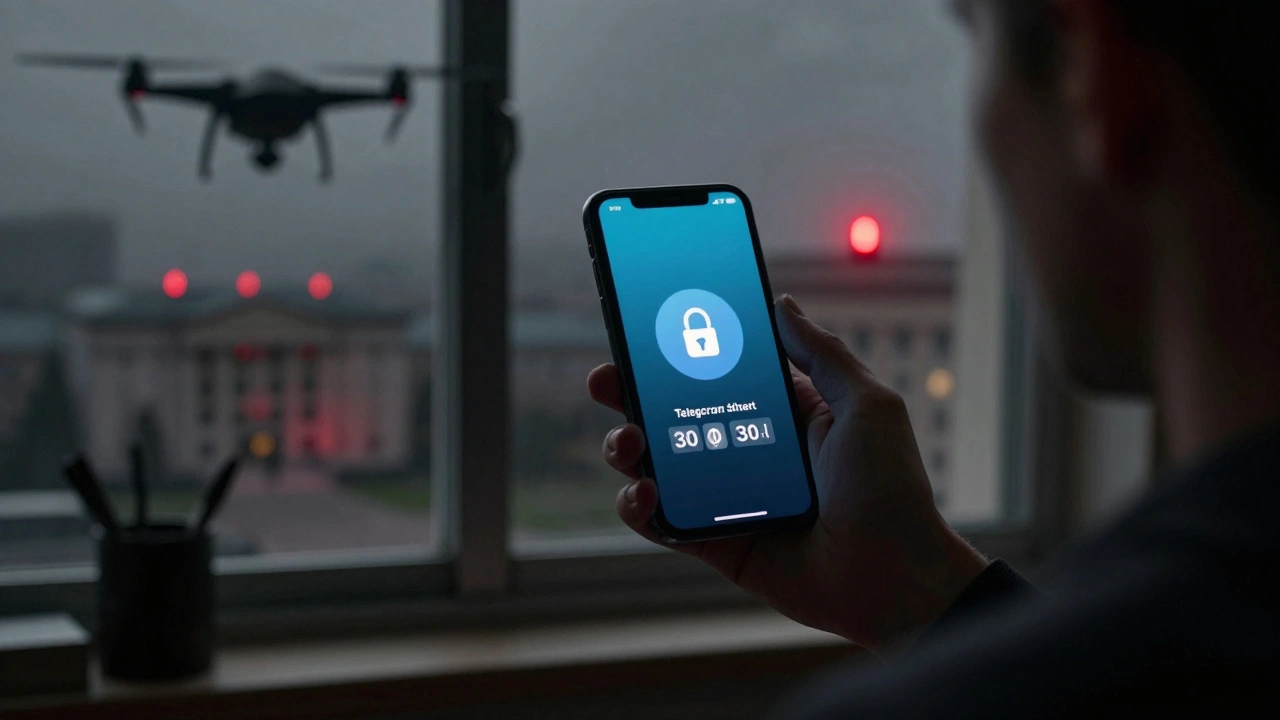 Пользователь в темноте смотрит на секретный чат Telegram, за окном — дроны слежения и красные огни здания.