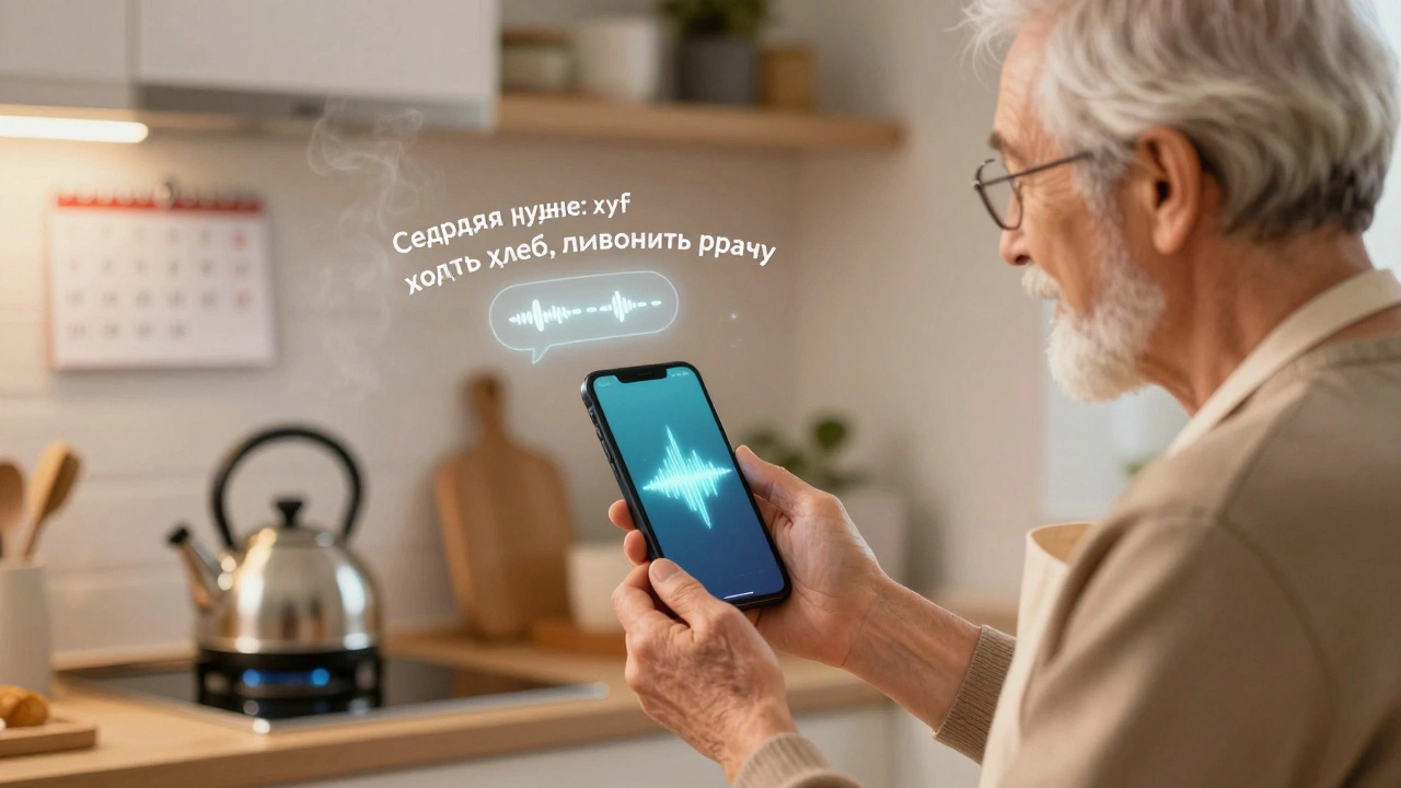 Пожилой человек на кухне слушает голосовое сообщение от бота о списках дел.