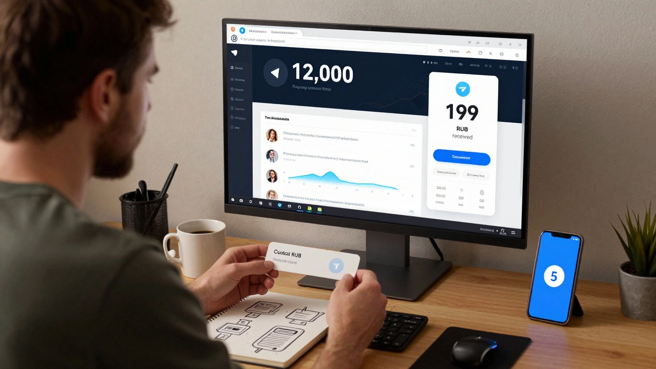 Предприниматель получает оплату через Telegram Pay, на экране — канал с 12 тысячами платящих подписчиков.