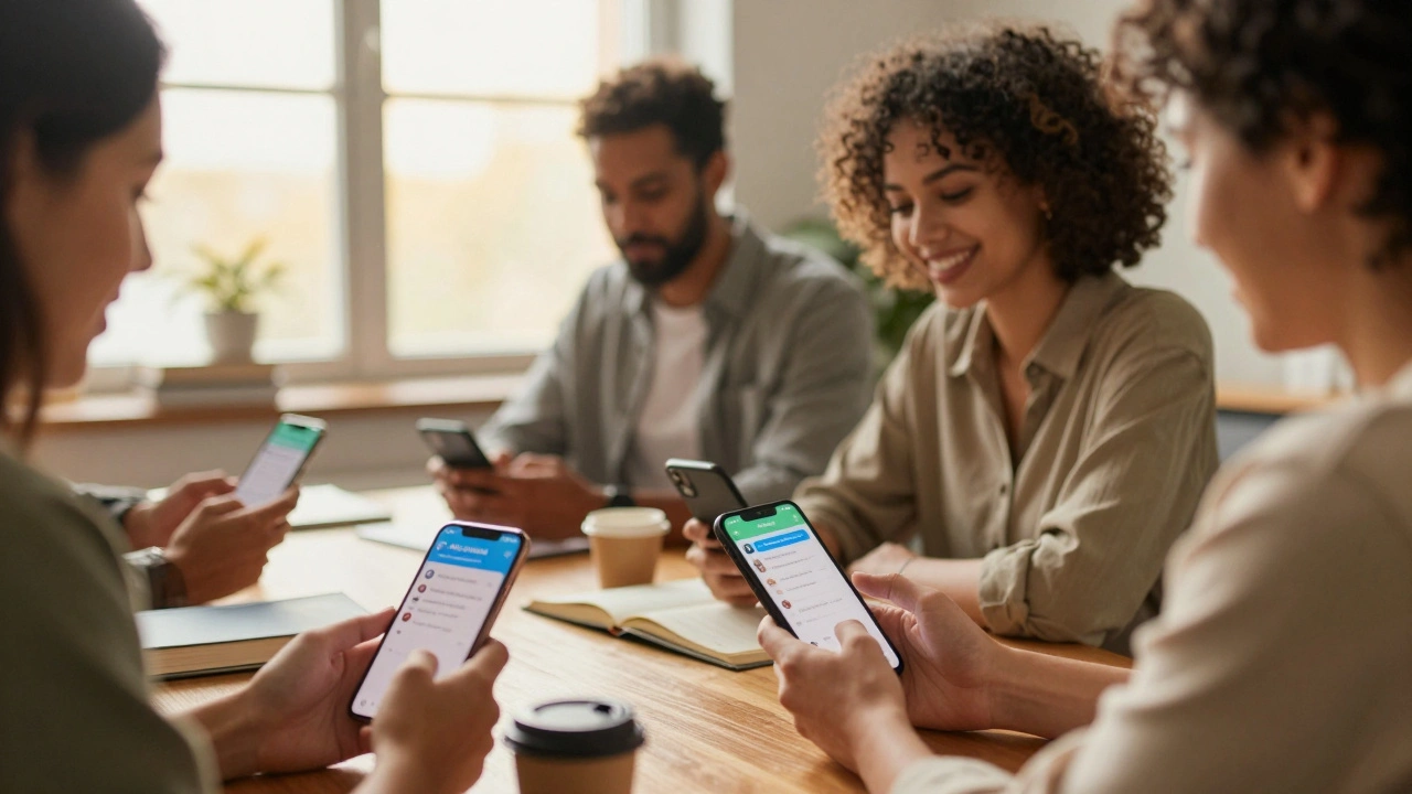 Профессионалы в тихой комнате смотрят на телефоны с активным медленным режимом, атмосфера спокойного общения.