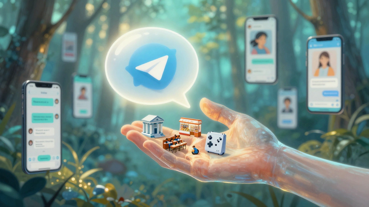 Прозрачная рука вытаскивает из чата Telegram миниатюрные версии банков, магазинов и школ — символ интеграции сервисов.