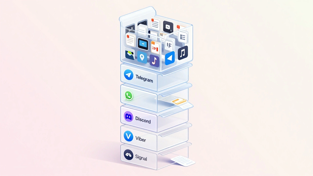 Прозрачные коробки с файлами, сравнивающие лимиты Telegram, WhatsApp, Discord, Viber и Signal.