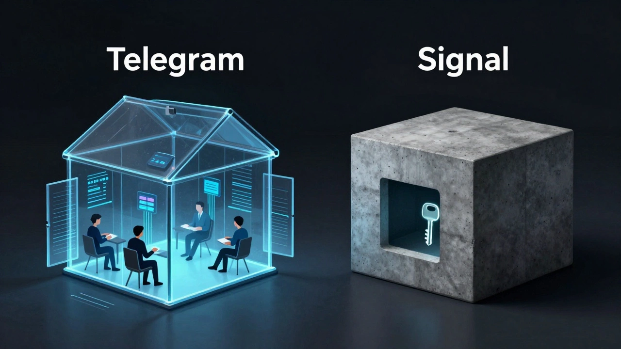 Прозрачный дом с данными рядом с бункером без окон — символизирует разницу между приватностью Telegram и Signal.