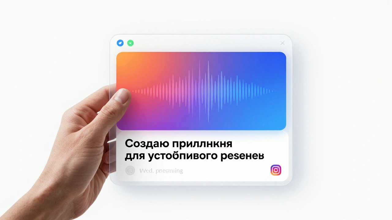 Прозрачный профиль Telegram с пульсирующим цветовым градиентом и текстом о устойчивом развитии.