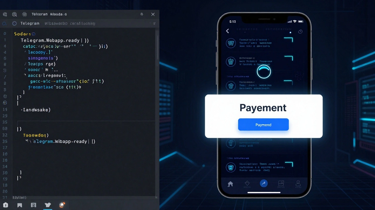 Разделённый экран: код JavaScript и расширяющееся веб-приложение Telegram с всплывающим окном оплаты.