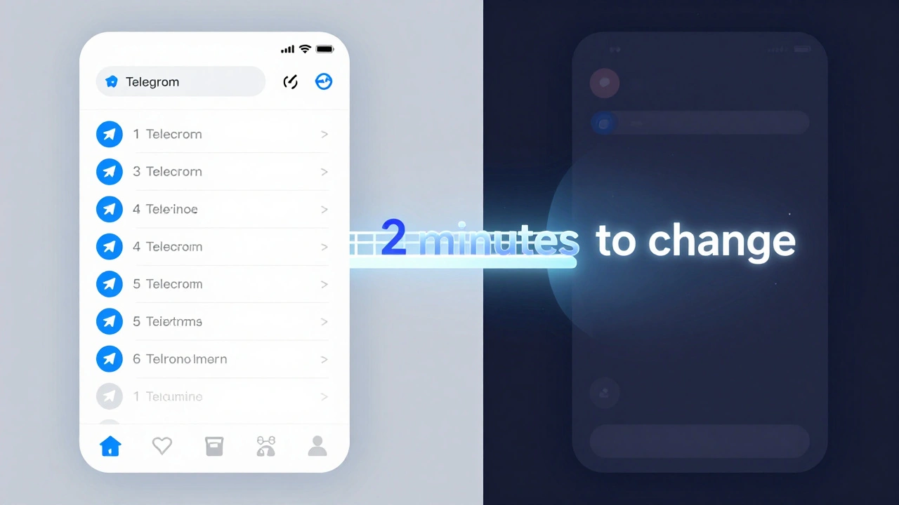 Разделённый экран: слева — яркий, утомительный интерфейс, справа — тёмная, уютная тема Telegram, соединённые светящимся мостом.