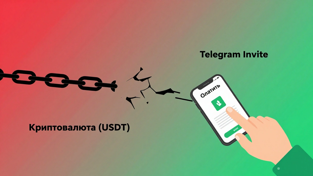 Разорванная цепь криптовалюты и целая цепь Telegram-инвойса, символизирующие безопасную оплату