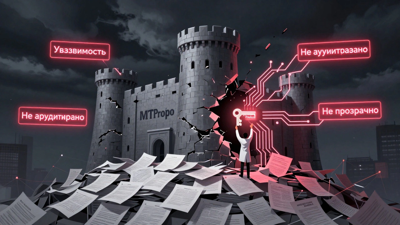 Разрушающаяся крепость MTProto, под атакой академических исследований, с ключом Signal, разбивающим её стены.