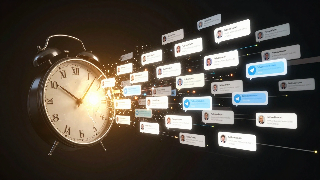 Разрушающиеся часы превращаются в сообщения, которые сливаются в единую CRM-базу, символизируя экономию времени.