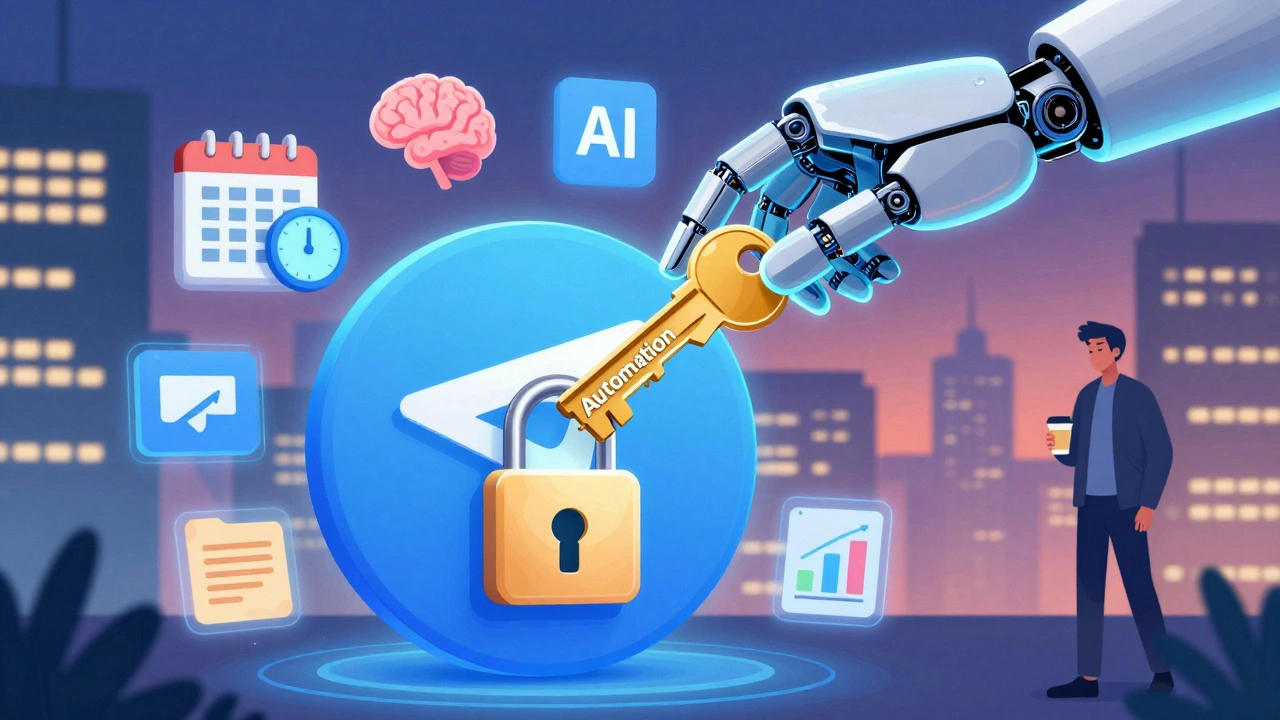 Робот вставляет ключ автоматизации в логотип Telegram, вокруг — иконки медиа и аналитики.