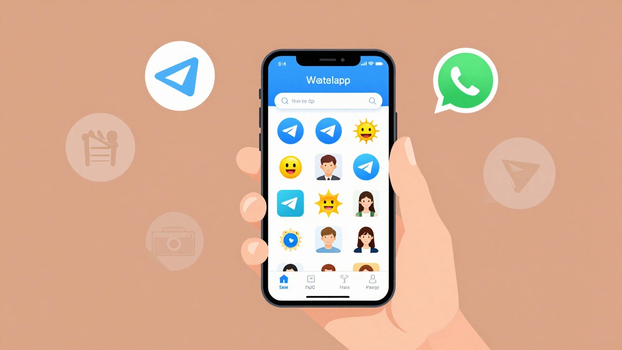 Рука держит телефон с созданным набором стикеров Telegram, вокруг плавают прозрачные PNG-изображения.