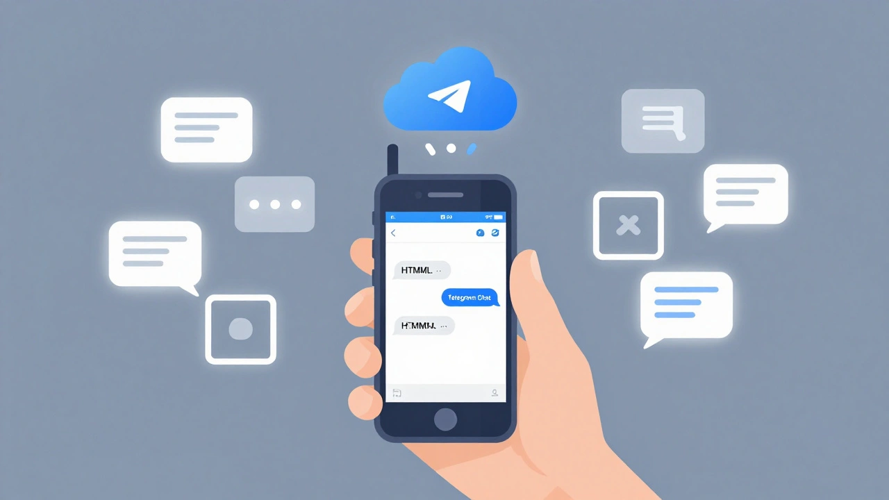 Рука экспортирует чат Telegram в файл, облако передаёт данные на новое устройство.