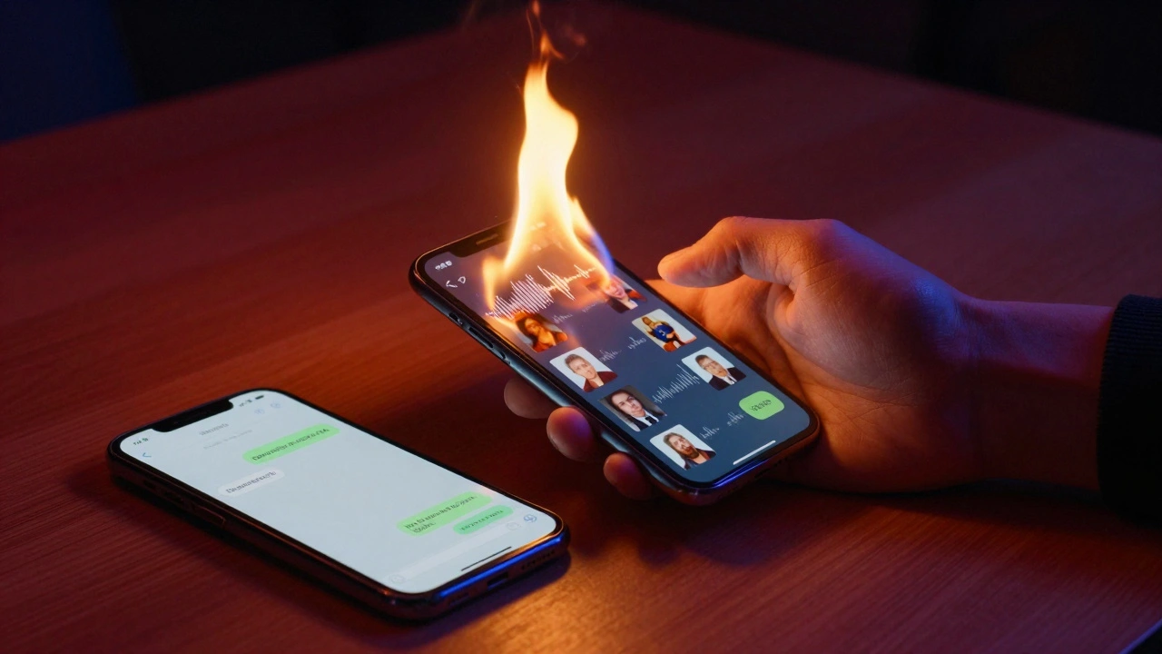 Рука кладёт телефон в пламя, где исчезают текст и медиафайлы.