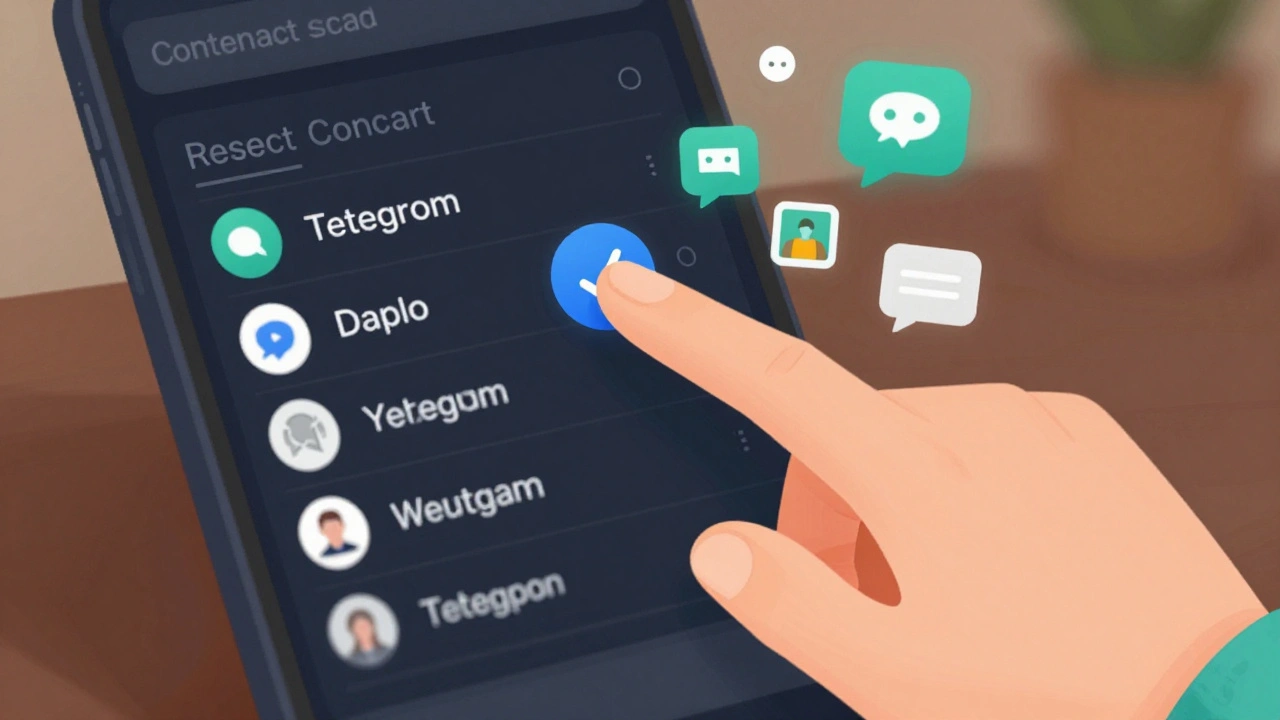 Рука нажимает на контакт в Telegram с синей галочкой, вокруг — иконки сообщений.