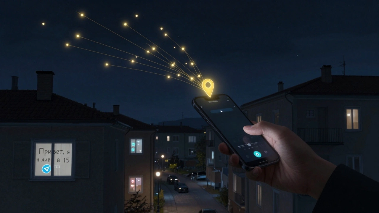 Рука отключает геолокацию, а световые нити сообщений уходят в небо — символ приватности и выбора.
