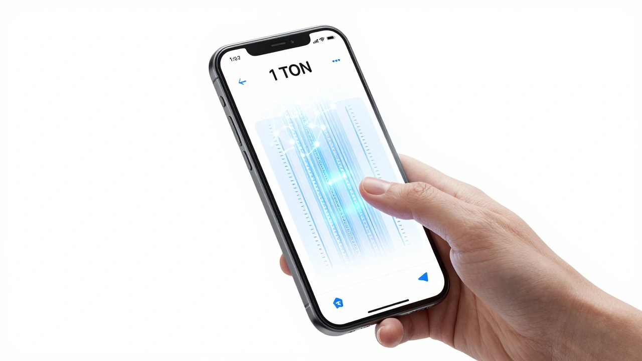 Рука отправляет 1 TON через Telegram, с прозрачным слоем, показывающим параллельные цепочки блокчейна TON.