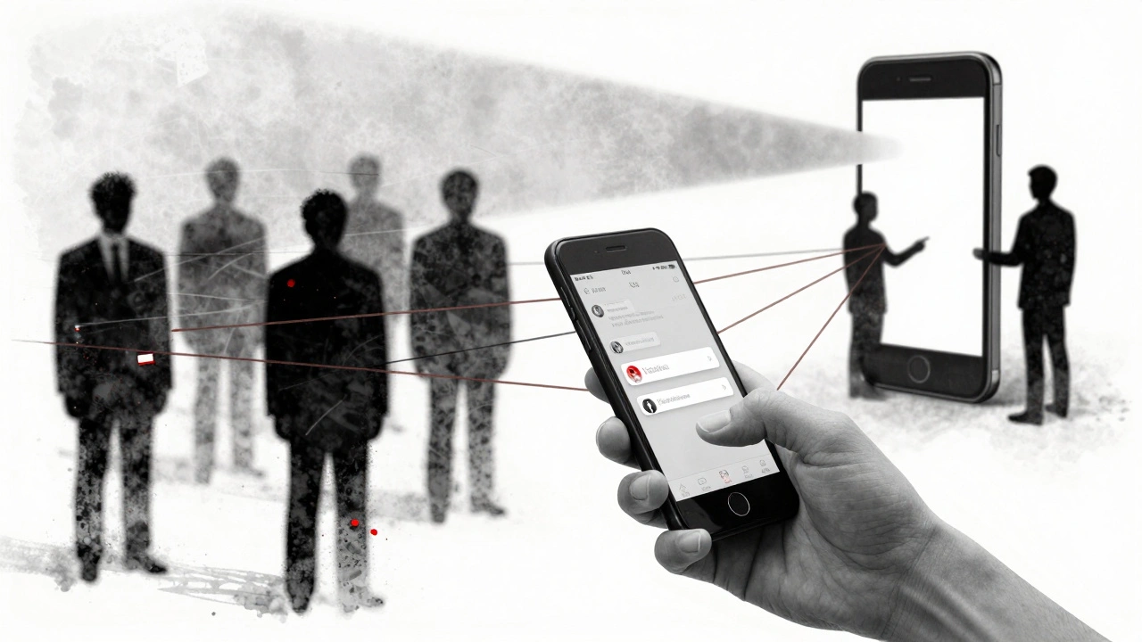 Рука отправляет сообщение, тонкие нити метаданных тянутся к теням, в то время как Signal соединяет только двух пользователей.