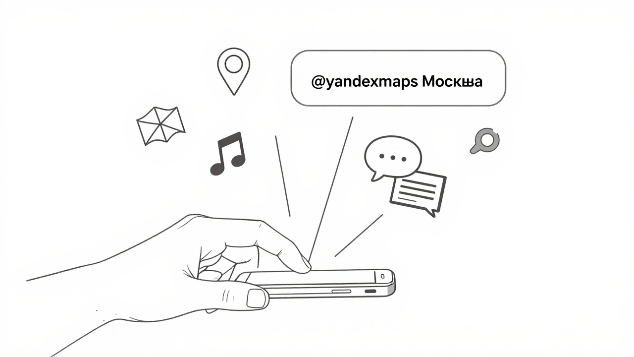 Рука печатает в Telegram, к ней ведут визуальные связи с иконками карты, музыки и перевода.