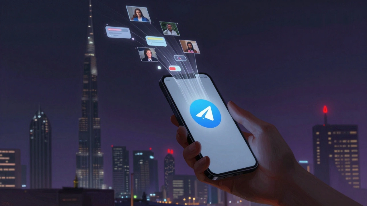 Рука с телефоном Telegram, из которого исходят данные, уходящие в небоскрёб в Дубае, символизирующий отсутствие прозрачности.