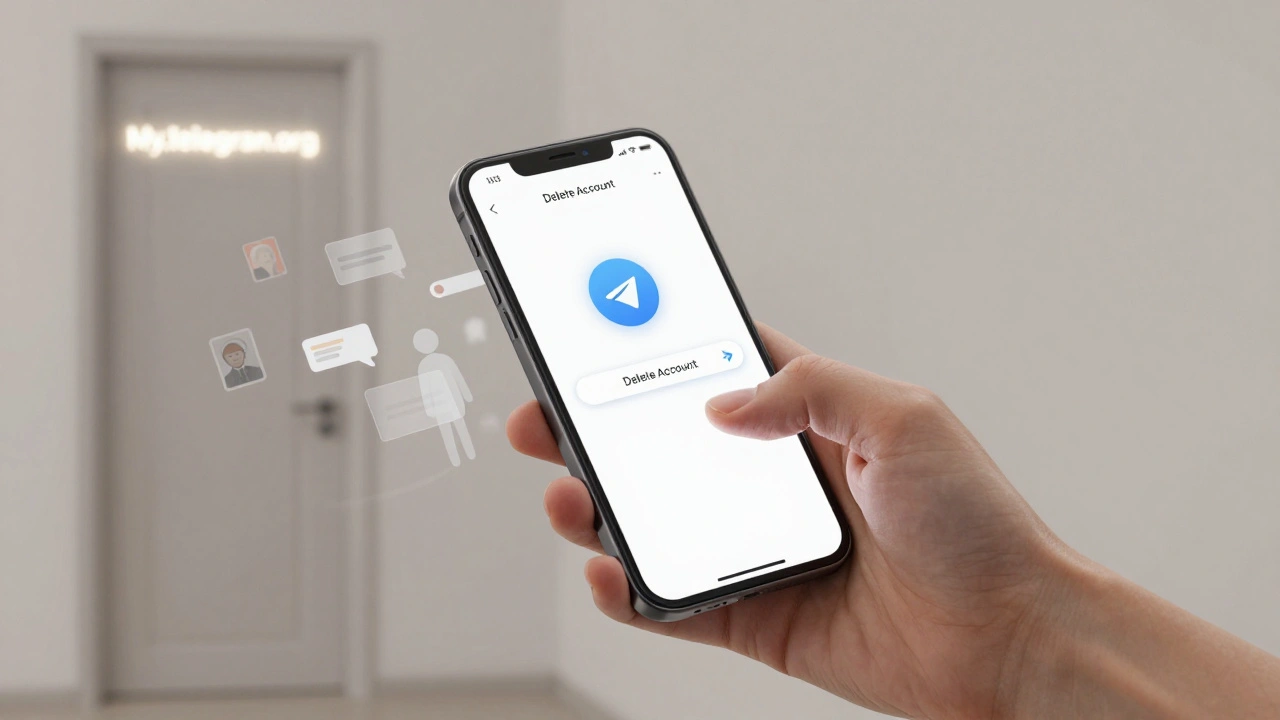 Рука удаляет аккаунт Telegram, а данные растворяются в цифровой пыли.
