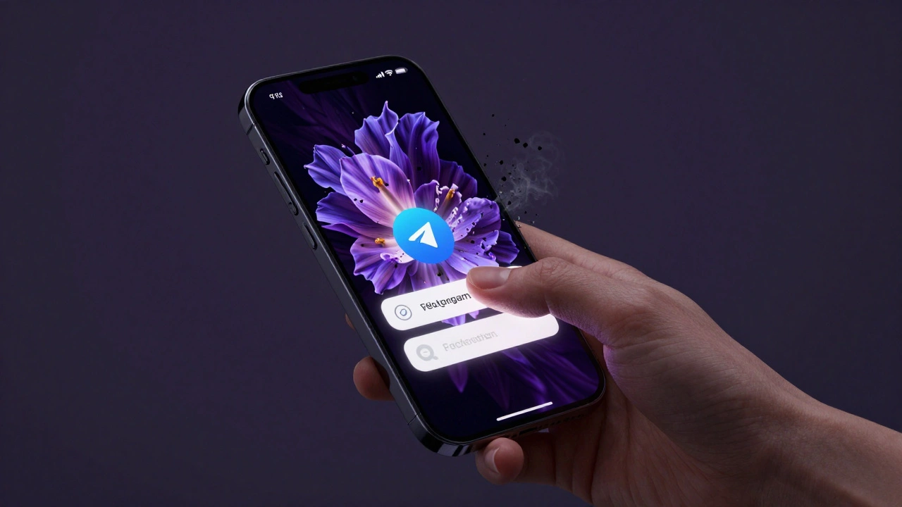 Рука удаляет фоновое изображение в Telegram, заменяя его тёмной темой, пиксели исчезают в чёрном дыму.