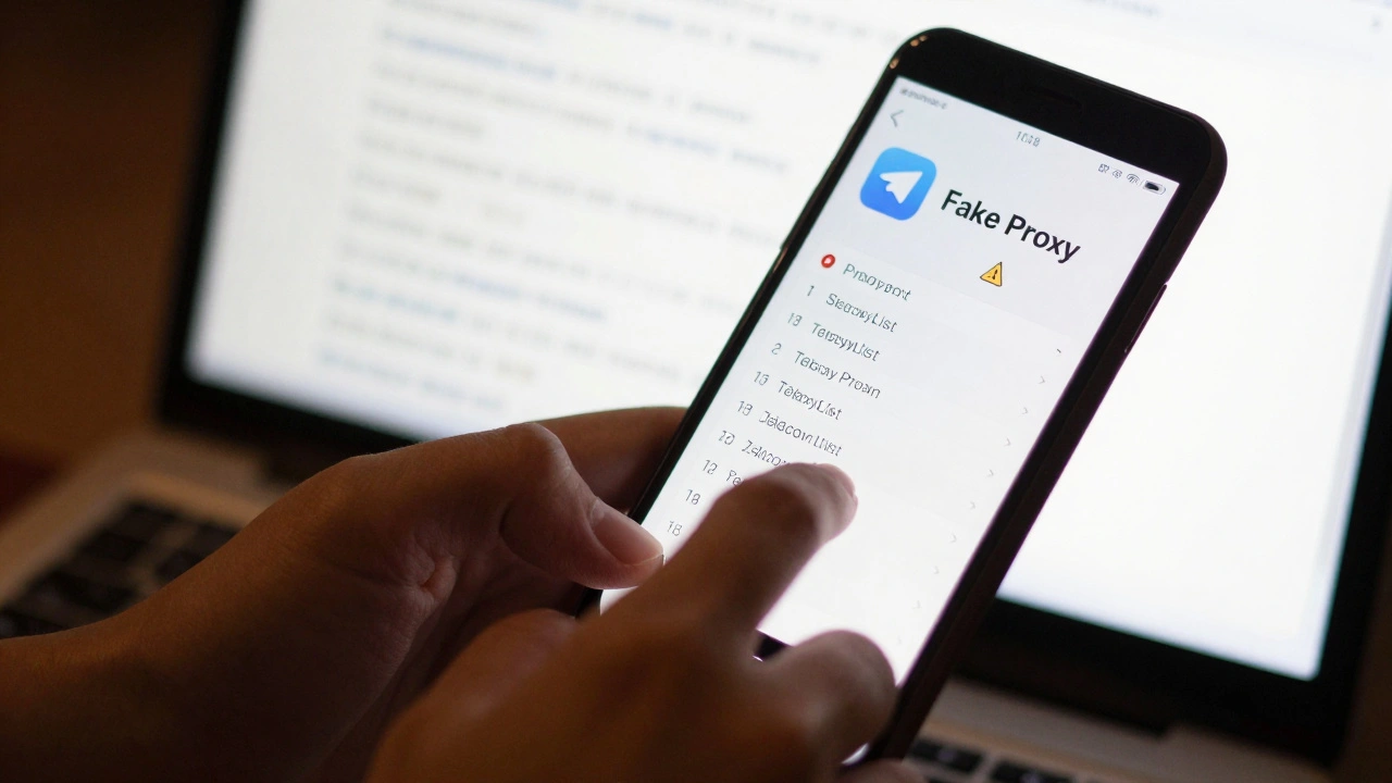 Рука вводит ключ MTProto в Telegram, на фоне — обновляющийся канал с рабочими прокси и предупреждение о поддельном приложении.