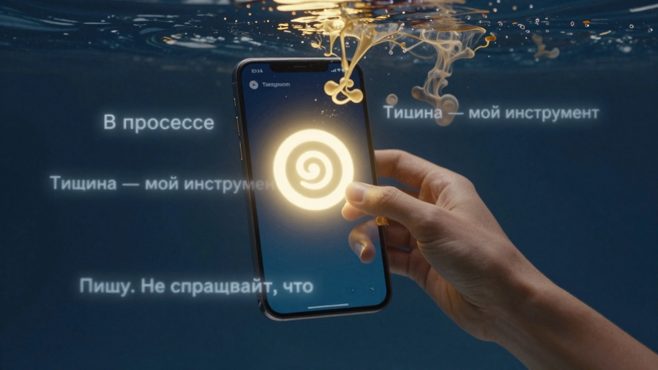 Рука выбирает анимированный эмодзи 🌀 в Telegram, вокруг него плавают философские фразы как туман.