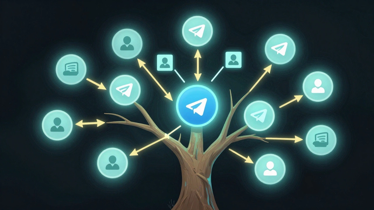 Сеть доверия между каналами Telegram, изображённая как светящаяся дерево-структура.