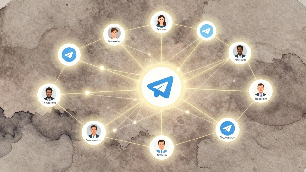 Сеть из иконок Telegram, соединенных золотыми нитями, символизирующая амбассадоров и реферальные связи.