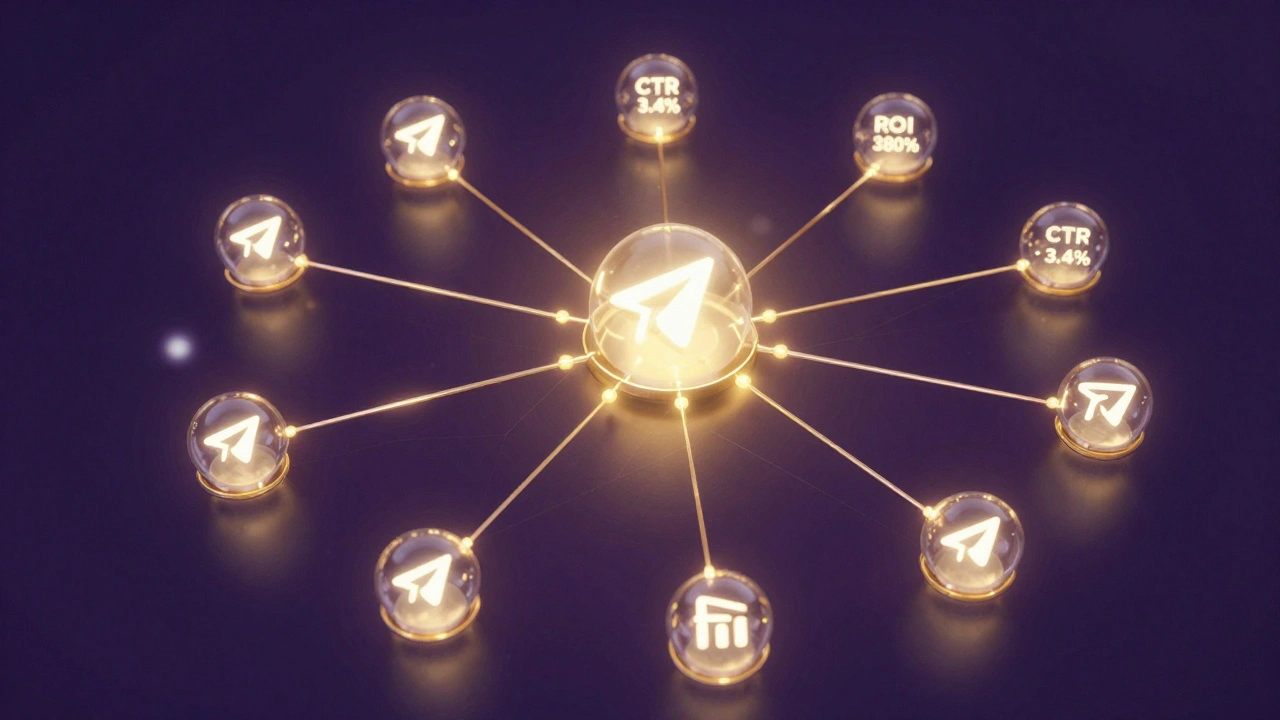 Сеть партнерских каналов Telegram с показателями эффективности, соединённых светящимися линиями.