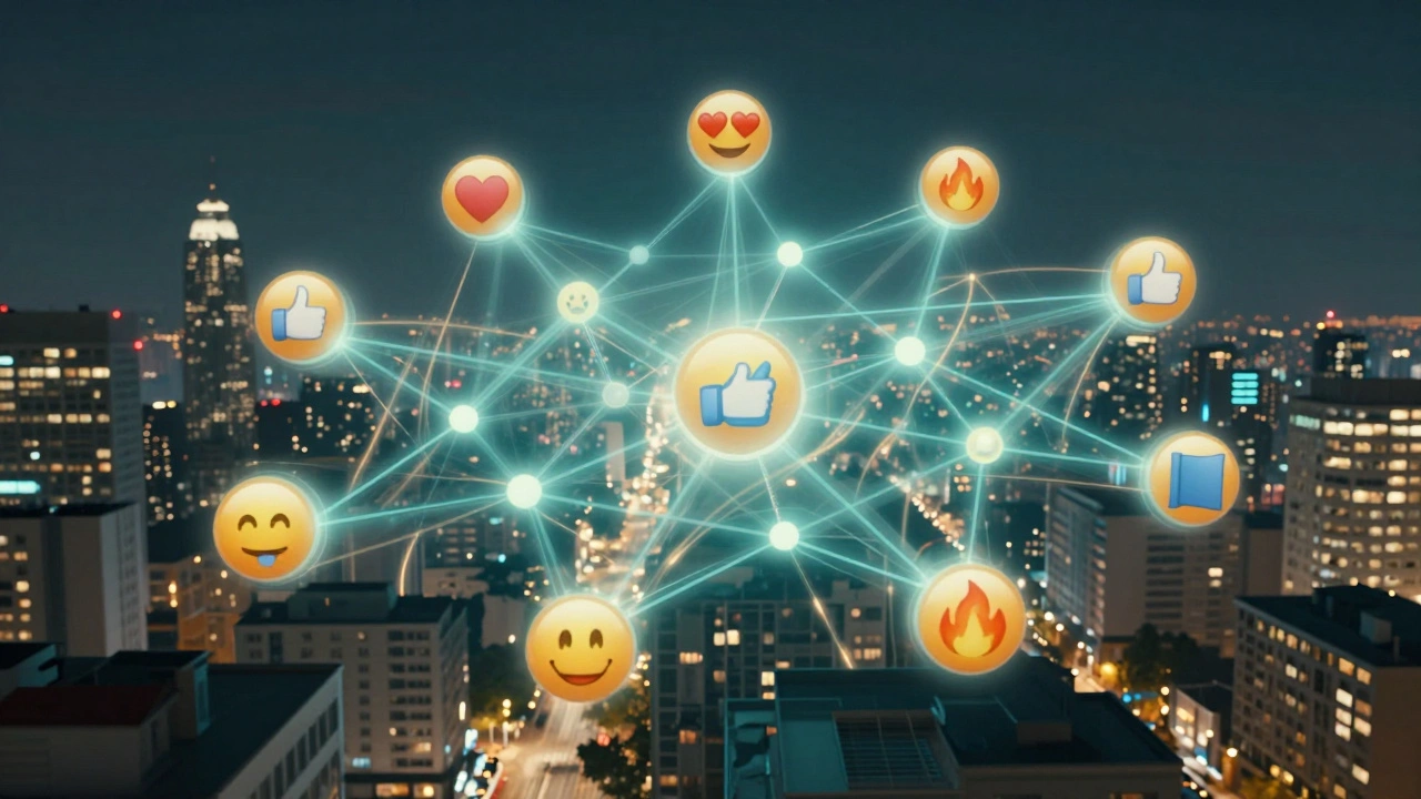 Сеть светящихся эмодзи, соединяющих людей в городском пейзаже, символизирующая тихую цифровую связь.