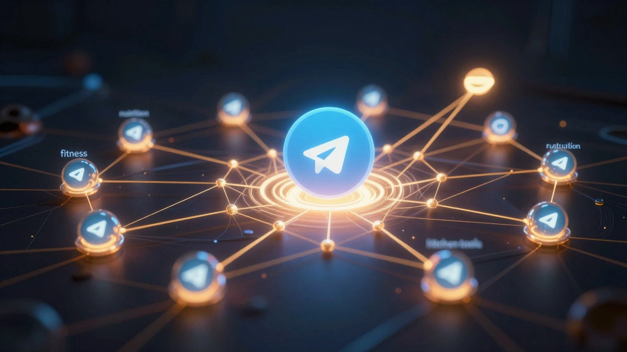 Сеть Telegram-каналов как светящаяся нейронная сеть, соединённая нитями доверия, с центральным узлом роста.