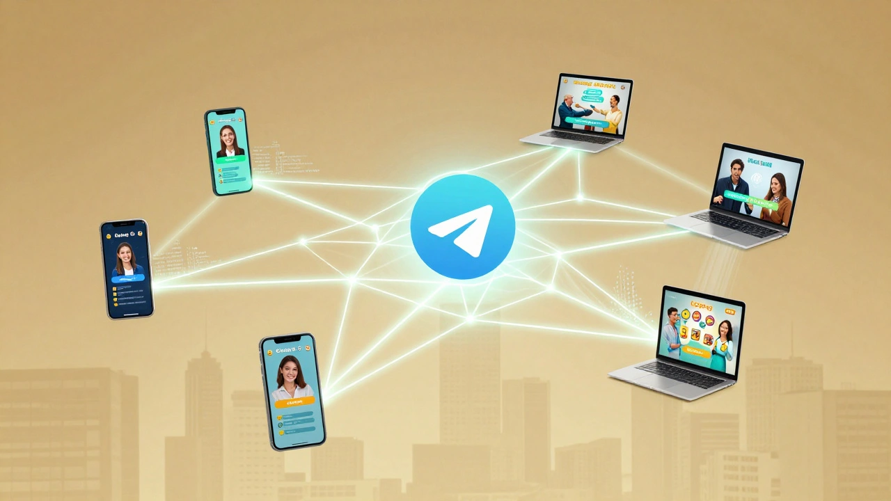 Сеть устройств, подключённых к Telegram через мини-игры, символизирующая социальное взаимодействие