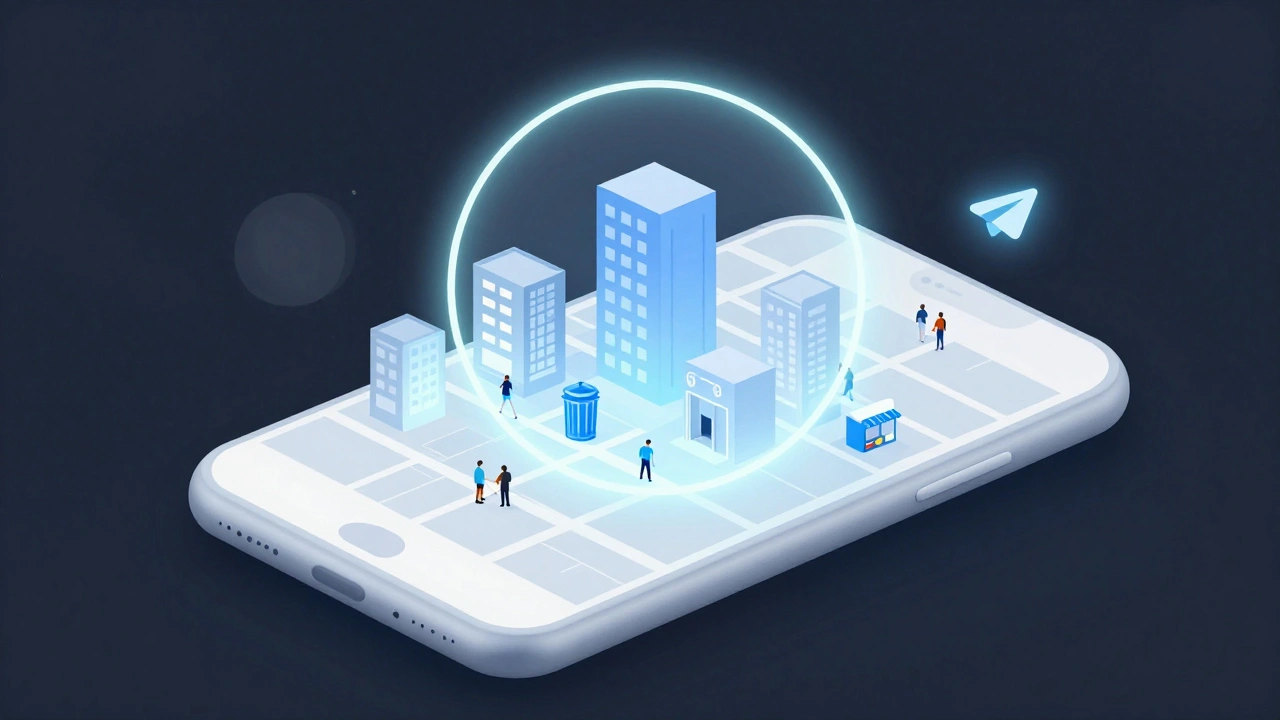 Схема геочата в Telegram с радиусом 500 метров и локальными объектами, отображаемыми на экране смартфона.