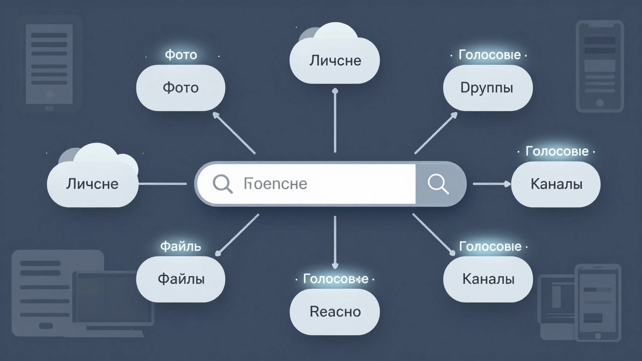Схема поиска в Telegram: запрос разделяется по чатам и типам медиа, показаны фильтры и серверы.