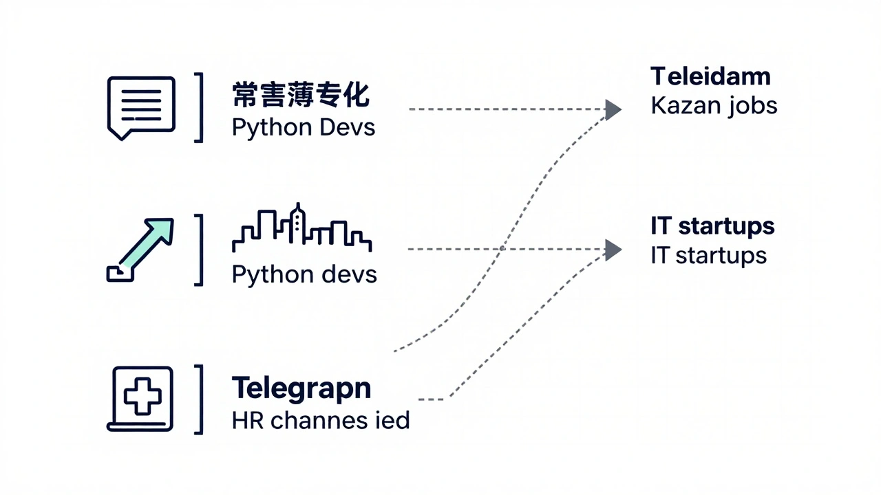 Схема трех типов прибыльных Telegram-каналов для вакансий: узкоспециализированный, региональный и отраслевой.