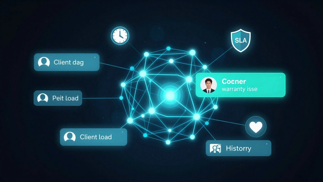 Схема умной маршрутизации: сообщение клиента связывается с подходящим оператором по нагрузке и истории.
