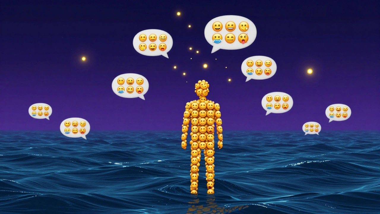 Силуэт человека, составленный из эмодзи разных эмоций, плавает в океане чат-пузырей, где те же эмодзи повторяются в переписке.