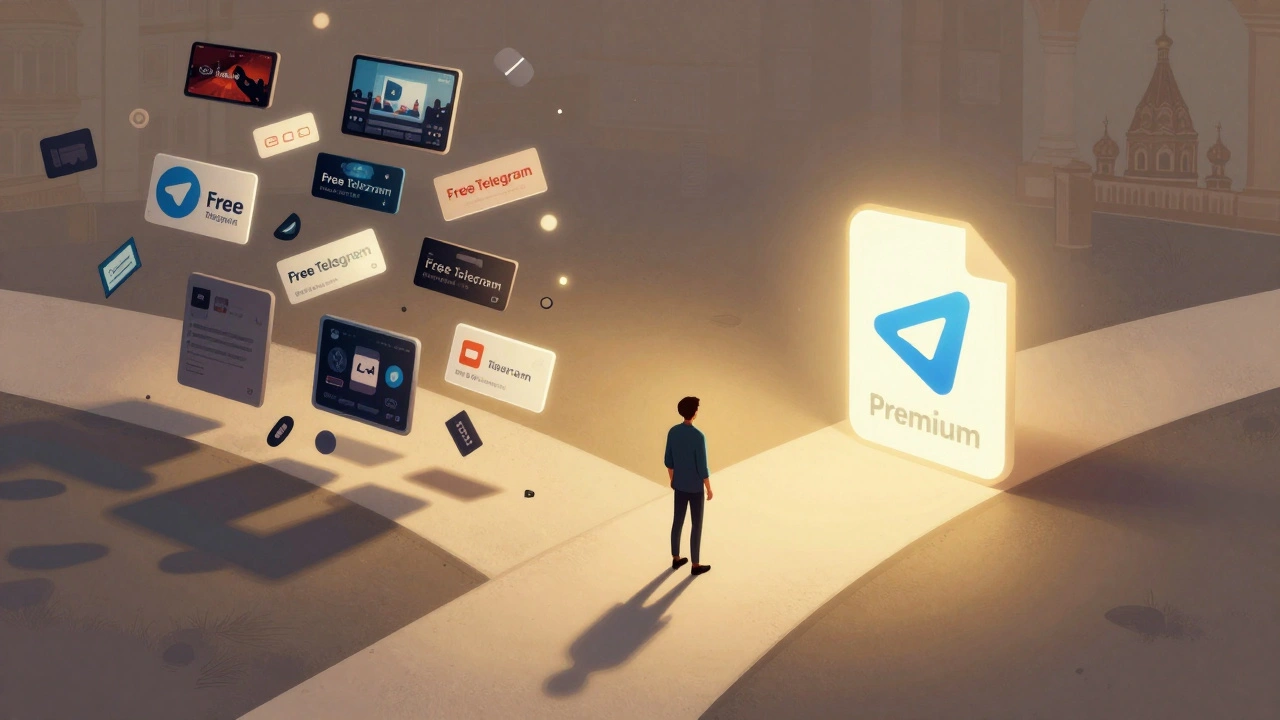 Символический путь: один — с рекламой, другой — чистый и спокойный, ведущий к Telegram Premium.