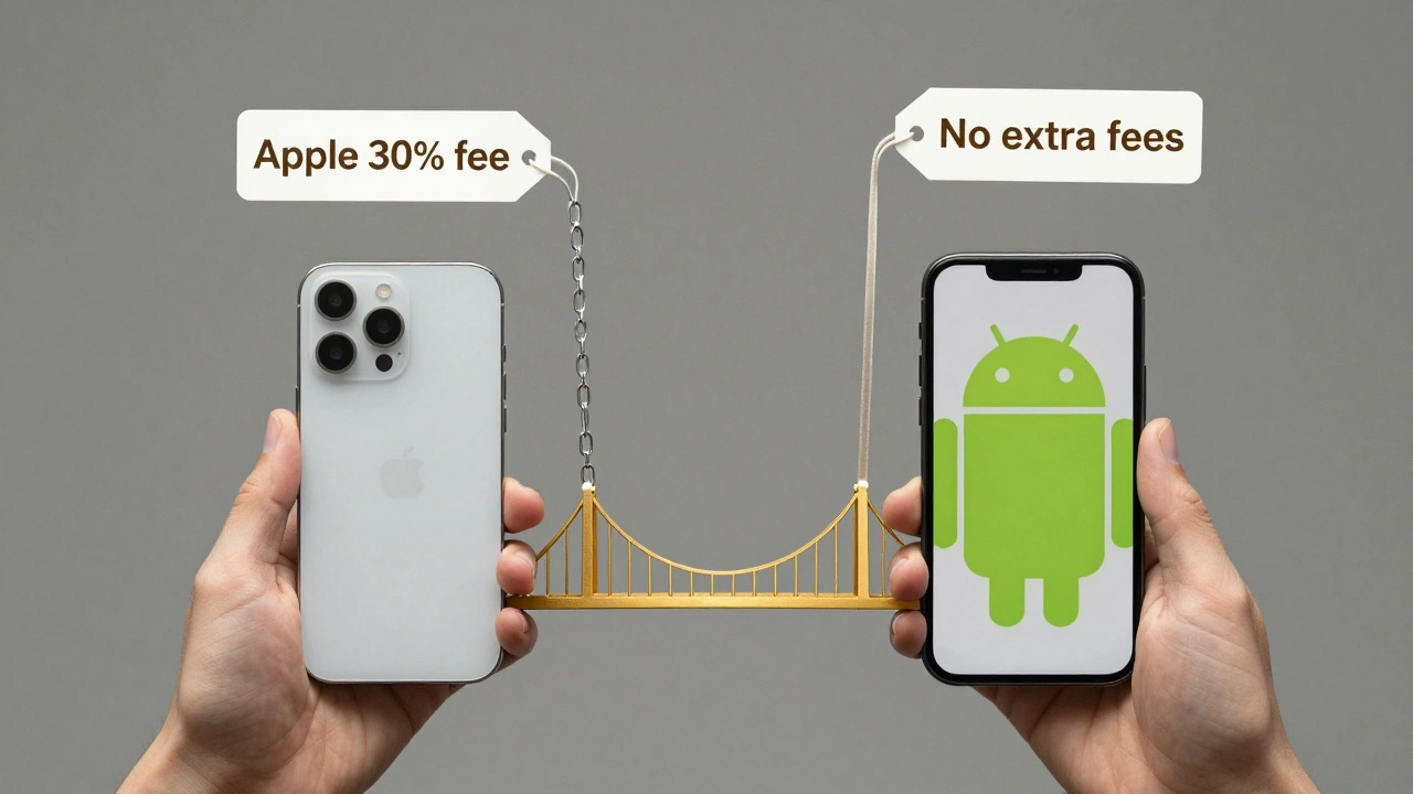 Символическое изображение iPhone и Android с цепью и лентой, иллюстрирующее разницу в комиссиях.