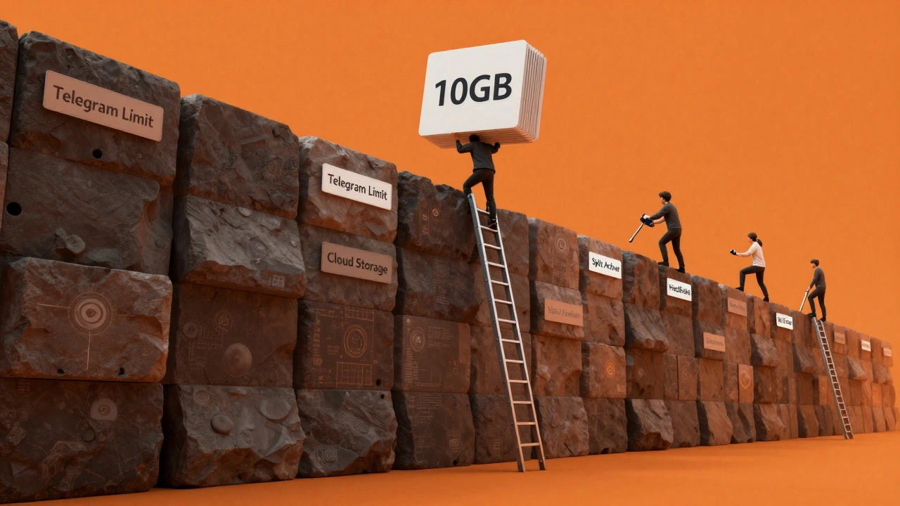 Символическое изображение преодоления ограничения Telegram в 2 ГБ с помощью облака и инструментов сжатия.